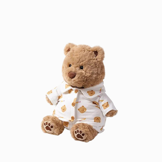 Teddy Bear Plush Toy with Bear Print Outfit, Soft Stuffed Bear Doll, 25 cm, side view