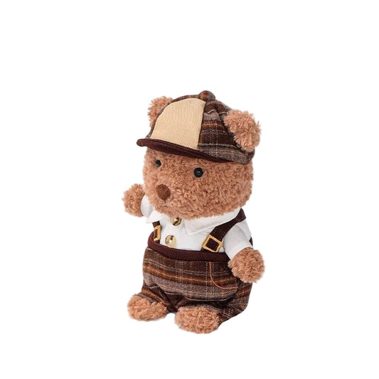 Detective Teddy Bear Plush Toy, Soft Curly Fur Bear Doll in Outfit, 18 cm, side view
