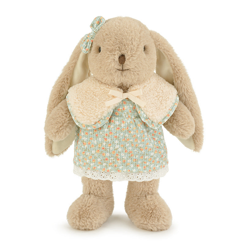 Bunny Plush Toy in Floral Dress, Freestanding Long, Eared Rabbit Doll with Sherpa Collar, 30, 40 & 53 cm, shown with the ful