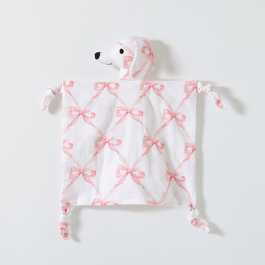 Pink Bow puppy baby comforter and dribble cloth in cotton