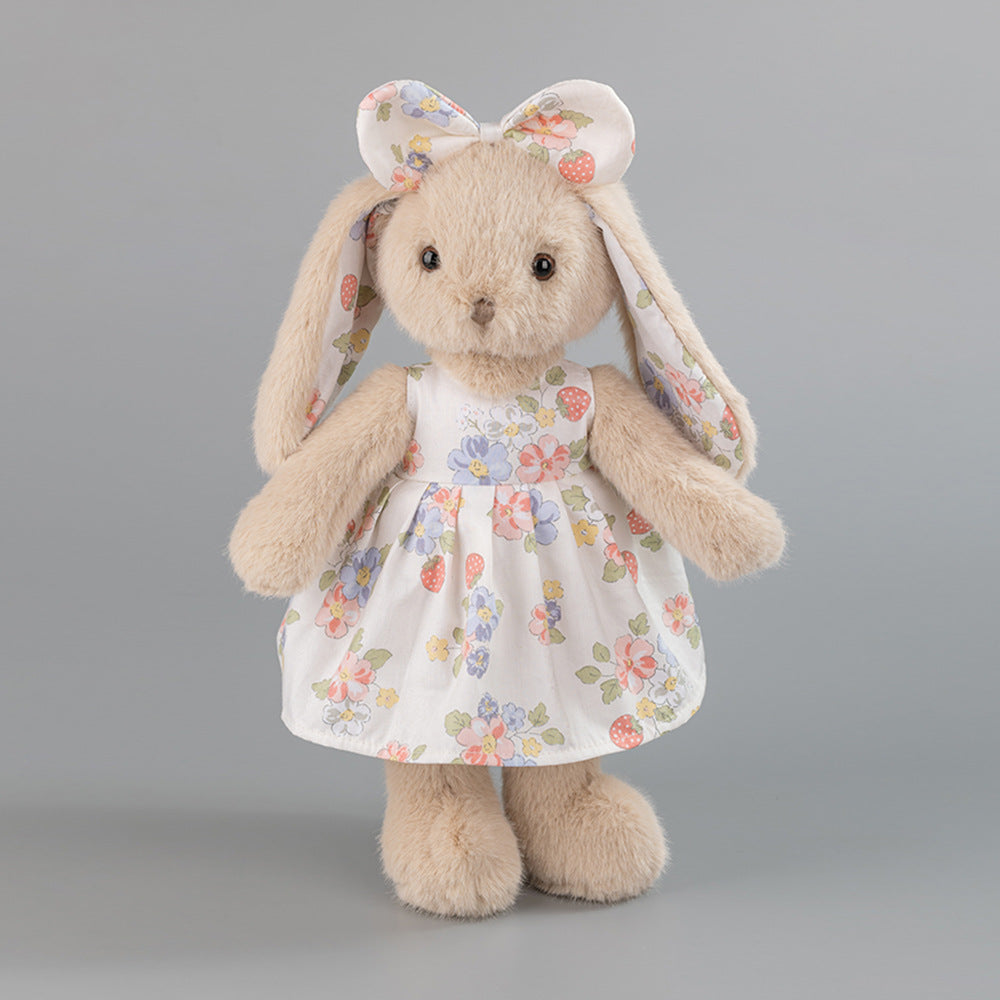 Beige Rabbit Doll, Plush Bunny in a Cotton Strawberry Dress, 35 cm, Ages 3+, held in hand for scale