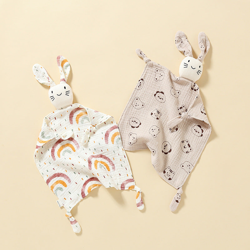 Whiskered Bunny Baby Comforter, Printed Muslin, styled on a shelf