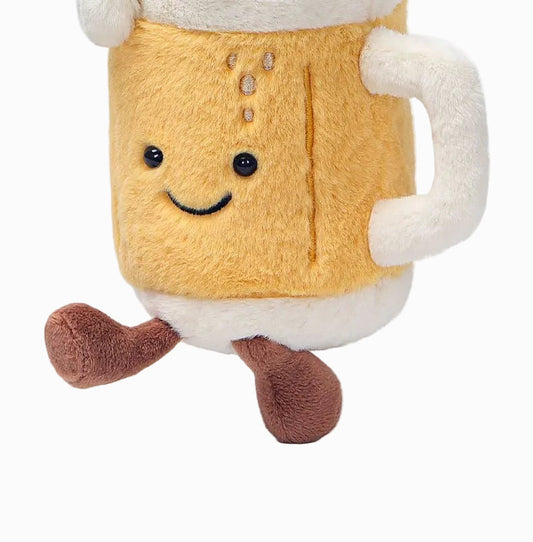 Beer Mug Plush Toy, Soft Stuffed Food Doll with Smiling Face, 18 cm, side view