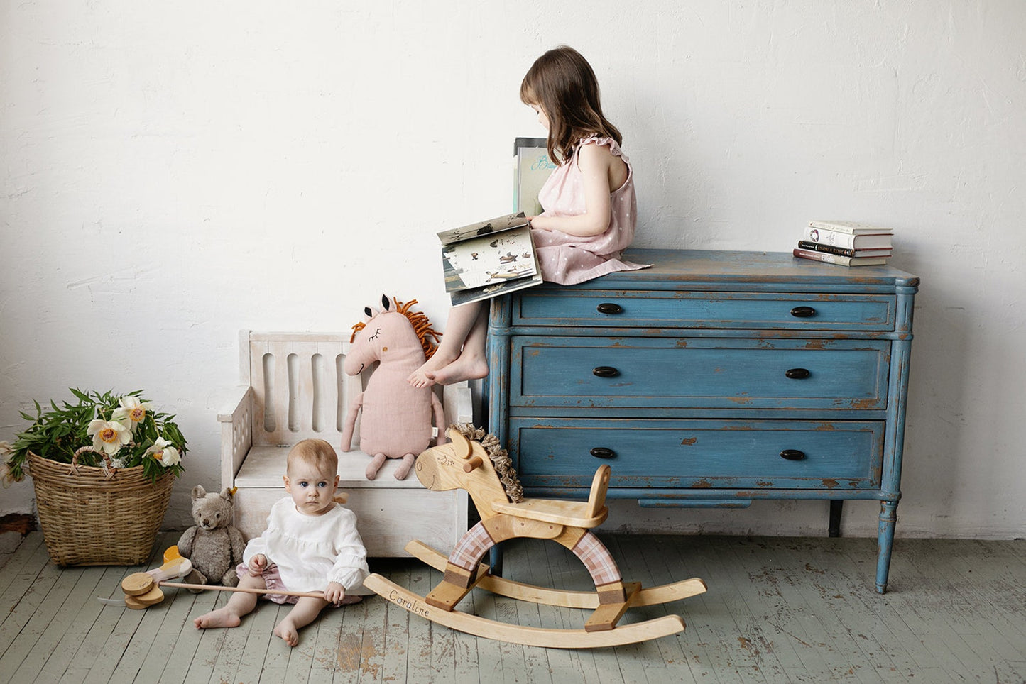 Wooden Rocking Horse — Plaid Pink