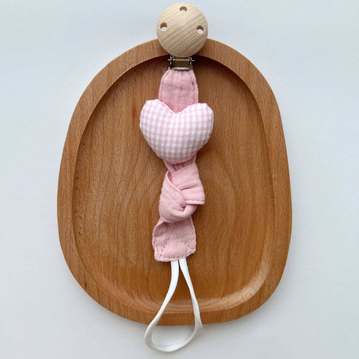 Cotton Dummy Clip, Knitted Soother Holder with Plush Motif & Beech Wood Clip, 27 cm, 8 Designs, shown with the full range