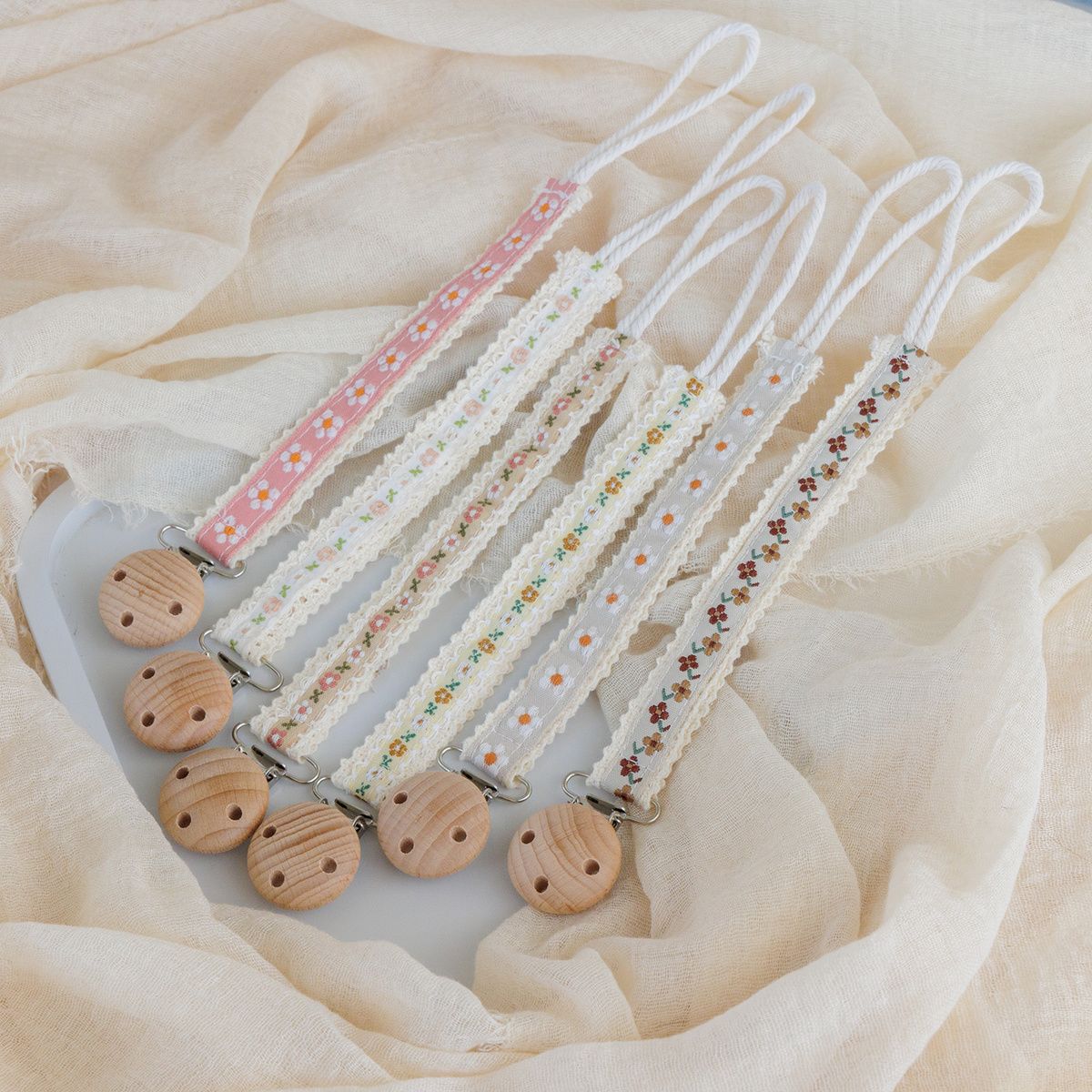 Floral Ribbon Dummy Clip, Lace Edge Soother Holder with Beech Wood Clip, 28.5 cm, 7 Designs, top view