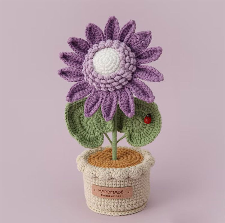 Handmade Crochet Potted Sunflower, Knitted Yarn Flower Decoration, shown with the full range