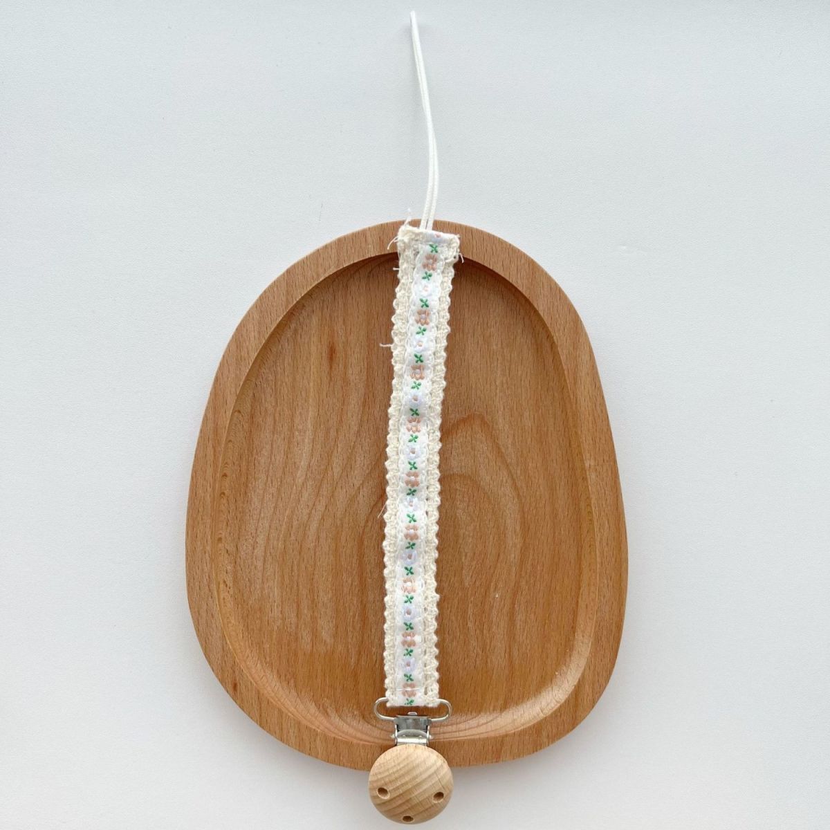 Floral Ribbon Dummy Clip, Lace Edge Soother Holder with Beech Wood Clip, 28.5 cm, 7 Designs, side view