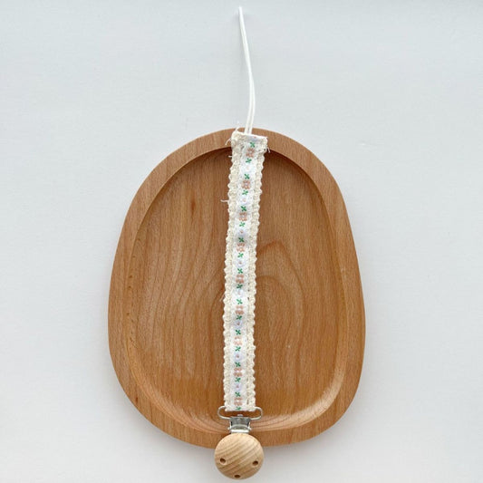 Floral Ribbon Dummy Clip, Lace Edge Soother Holder with Beech Wood Clip, 28.5 cm, 7 Designs, side view