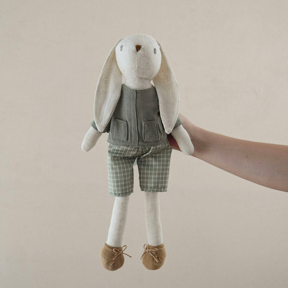 Bunny Doll with Long Legs, Fabric Rabbit in a Pinafore, 22 cm, Ages 0, 3, side view