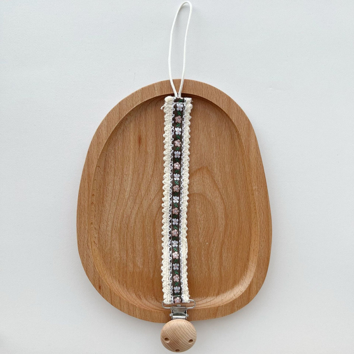 Floral Ribbon Dummy Clip, Lace Edge Soother Holder with Beech Wood Clip, 28.5 cm, 7 Designs, held in hand for scale