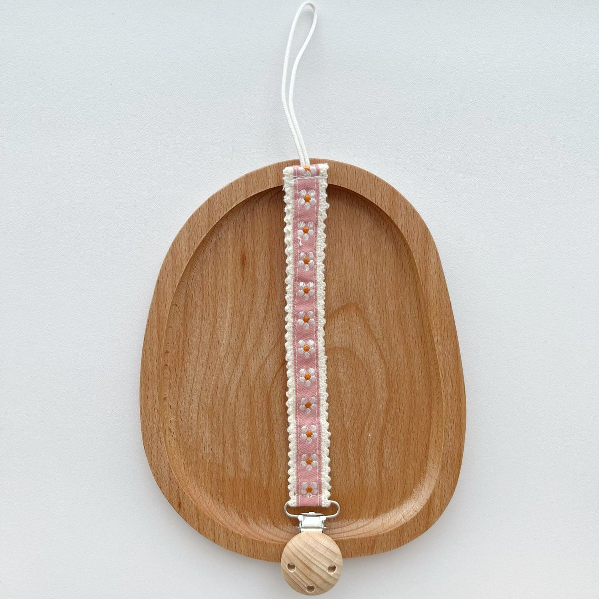 Floral Ribbon Dummy Clip, Lace Edge Soother Holder with Beech Wood Clip, 28.5 cm, 7 Designs, back view