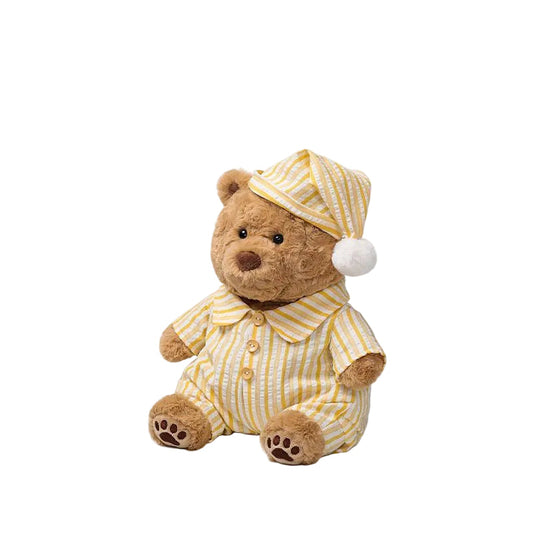 Pajama Teddy Bear Plush Toy, Soft Stuffed Bear in Striped Sleepwear & Cap, 25 cm, side view