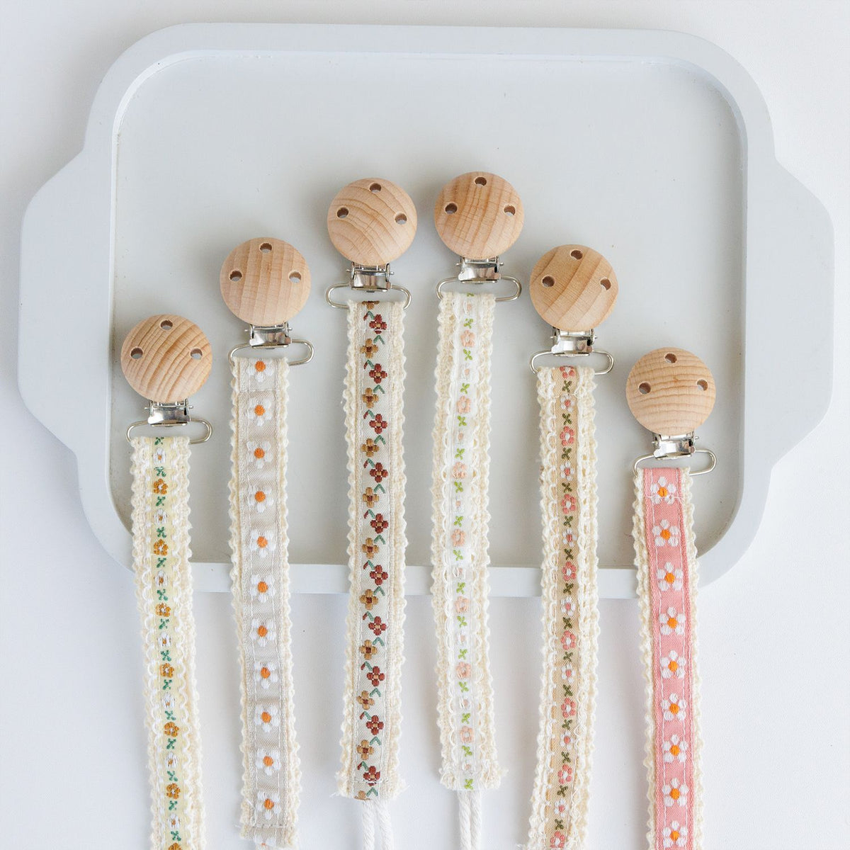 Floral Ribbon Dummy Clip, Lace Edge Soother Holder with Beech Wood Clip, 28.5 cm, 7 Designs, front view