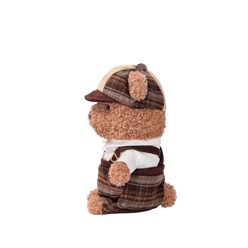 Detective Teddy Bear Plush Toy, Soft Curly Fur Bear Doll in Outfit, 18 cm, close-up detail