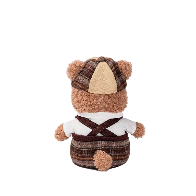 Teddy Bear Plush Toy in Vintage Outfit, Soft Stuffed Bear Doll with Cap & Suspenders, 18 cm, side view