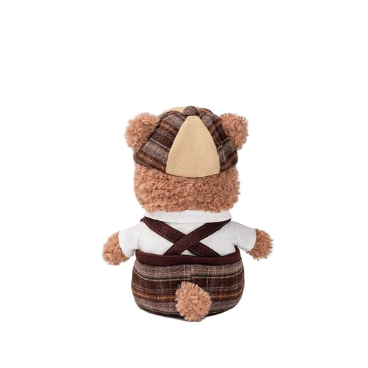 Teddy Bear Plush Toy in Vintage Outfit, Soft Stuffed Bear Doll with Cap & Suspenders, 18 cm, side view