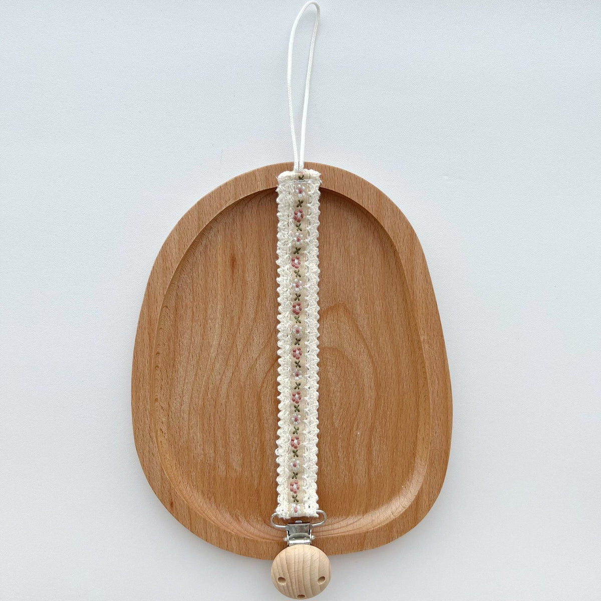 Floral Ribbon Dummy Clip, Lace Edge Soother Holder with Beech Wood Clip, 28.5 cm, 7 Designs, shown with the full range