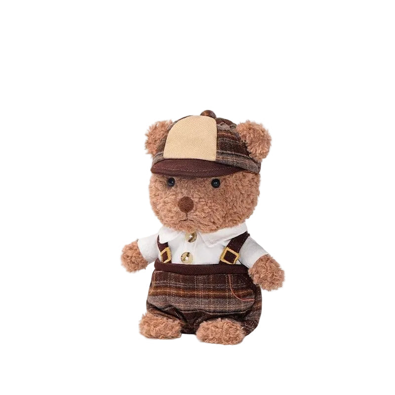 Teddy Bear Plush Toy in Vintage Outfit, Soft Stuffed Bear Doll with Cap & Suspenders, 18 cm, close-up detail