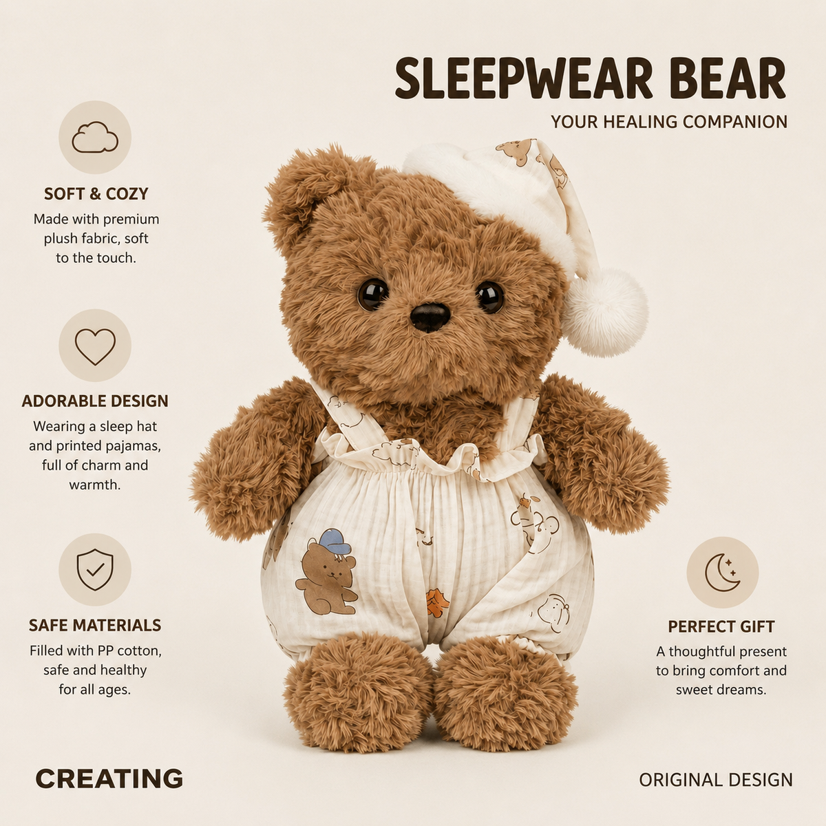 Sleepwear Bear Plush Toy, Cute Teddy in Pyjamas, styled on a shelf