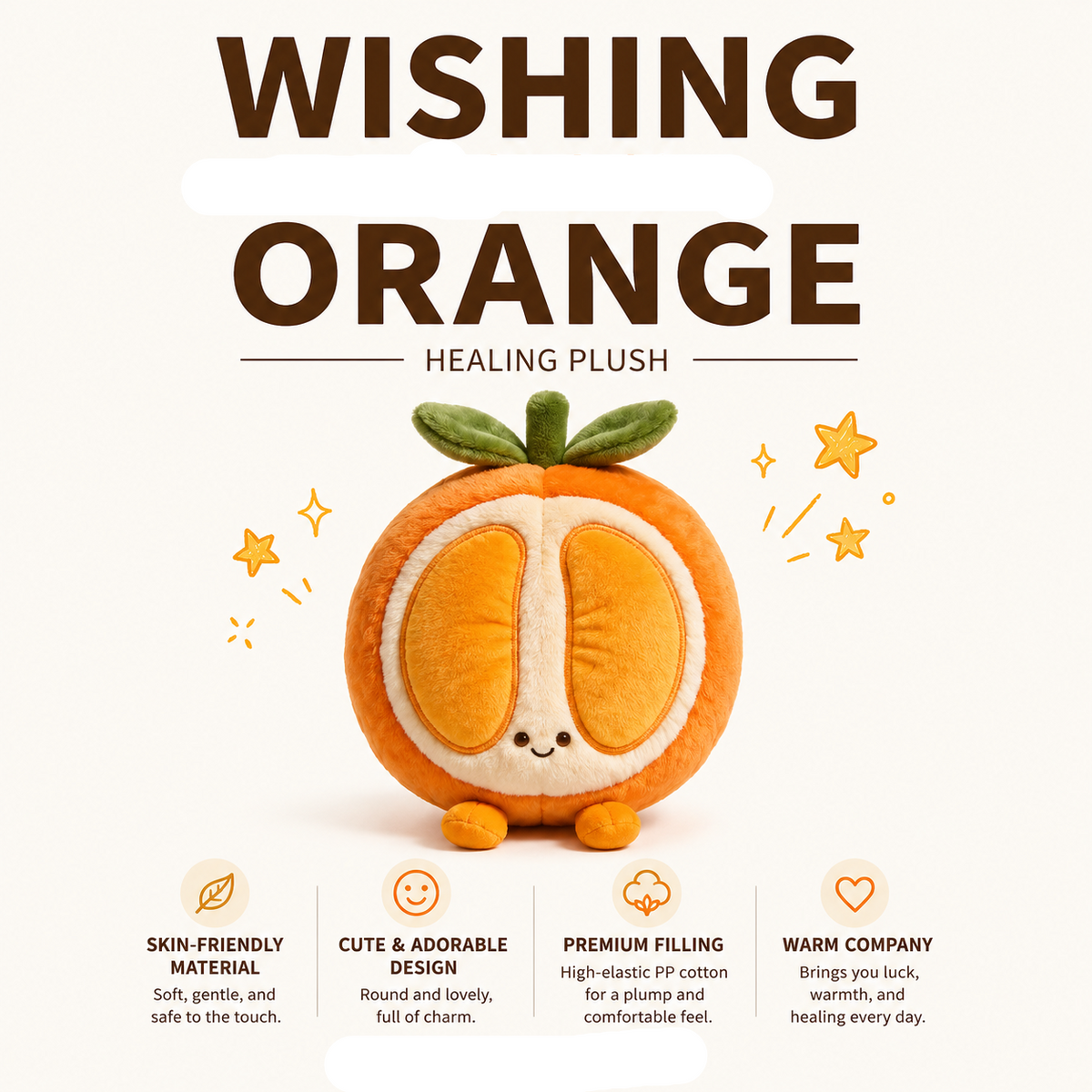 Orange Plush Toy, Cute Stuffed Fruit Character, styled on a shelf