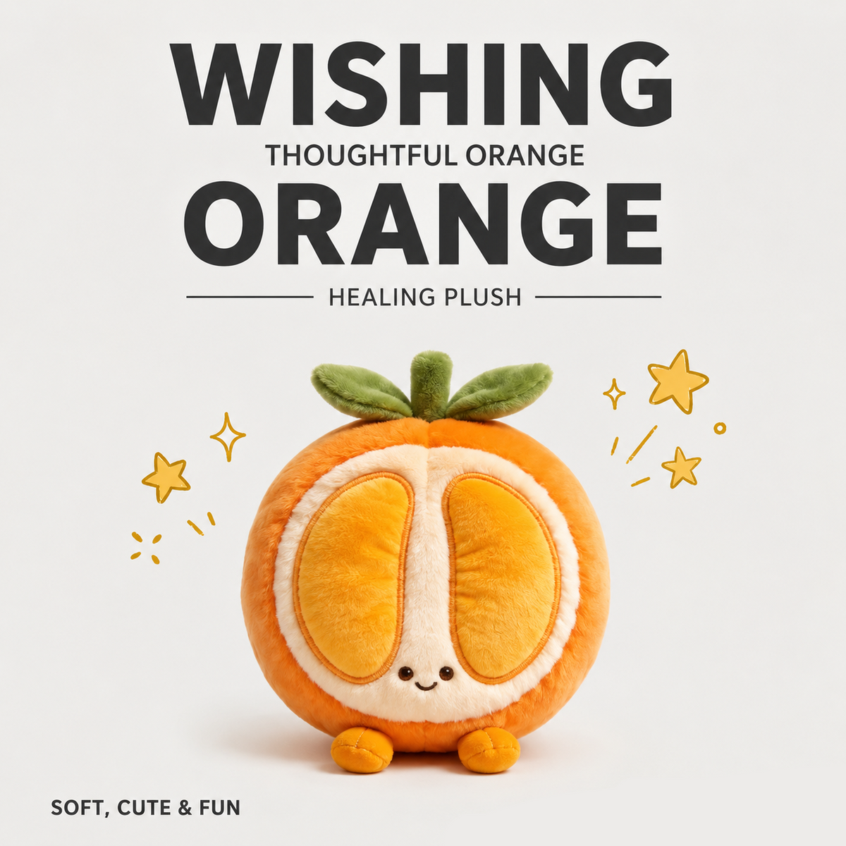 Orange Plush Toy, Cute Stuffed Fruit Character, close-up detail