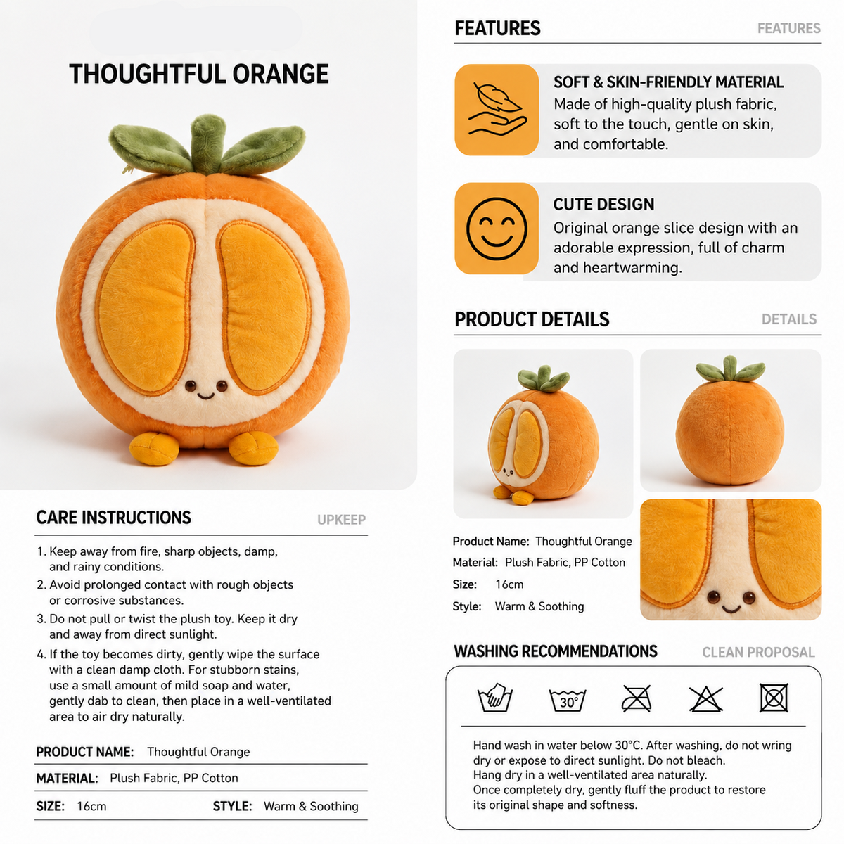Orange Plush Toy, Cute Stuffed Fruit Character, side view
