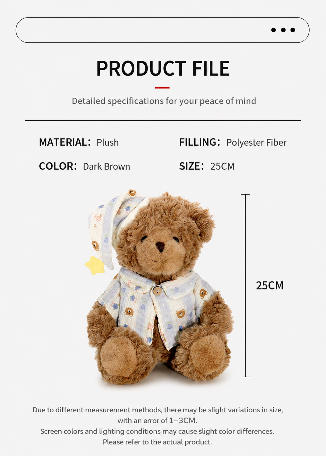 Sleepy Teddy Bear Plush Toy, Brown Bear in Pyjamas with Nightcap, shown with the full range