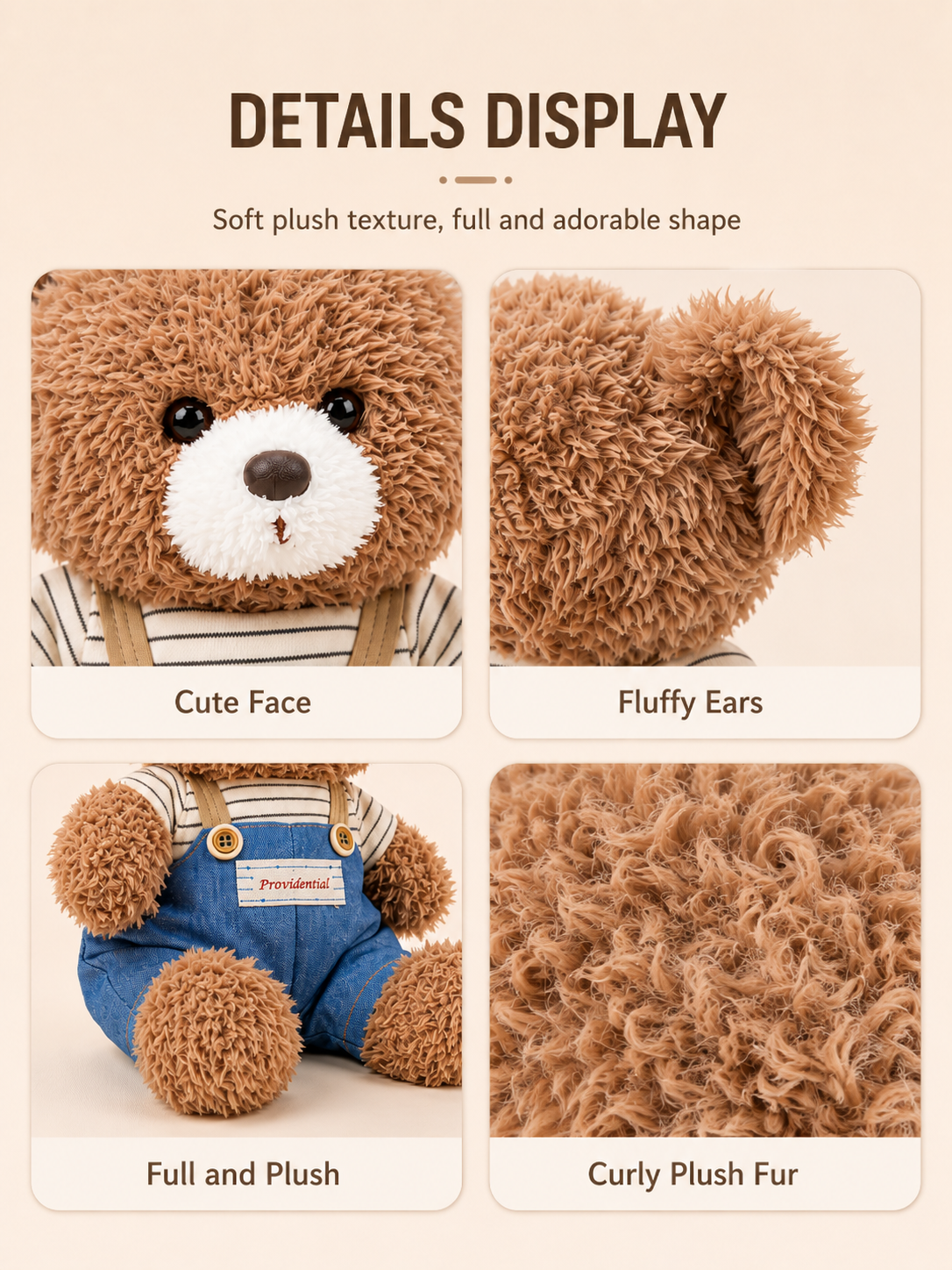 Teddy Bear Plush Toy, Brown Curly Bear in Striped Shirt and Overalls, styled in a nursery setting