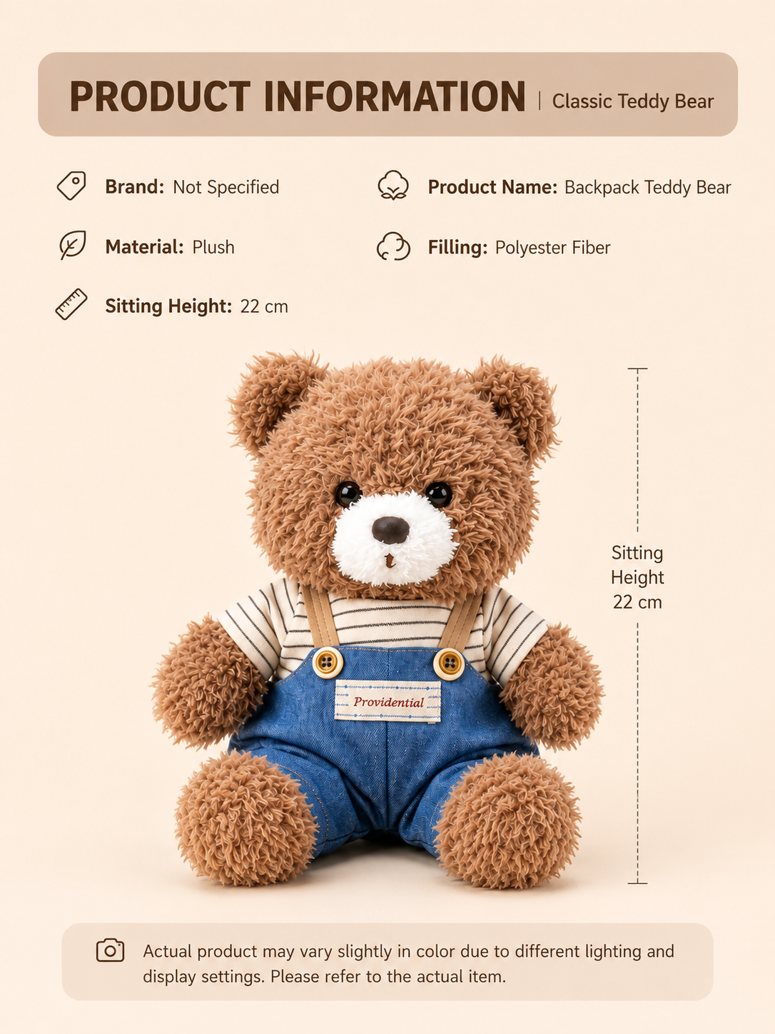 Teddy Bear Plush Toy, Brown Curly Bear in Striped Shirt and Overalls, close-up detail