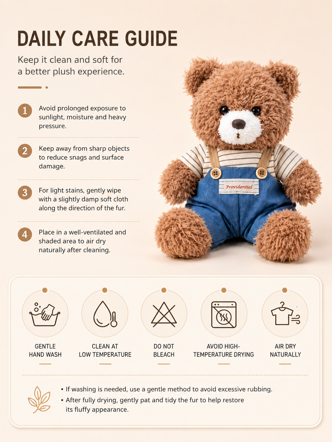 Teddy Bear Plush Toy, Brown Curly Bear in Striped Shirt and Overalls, side view