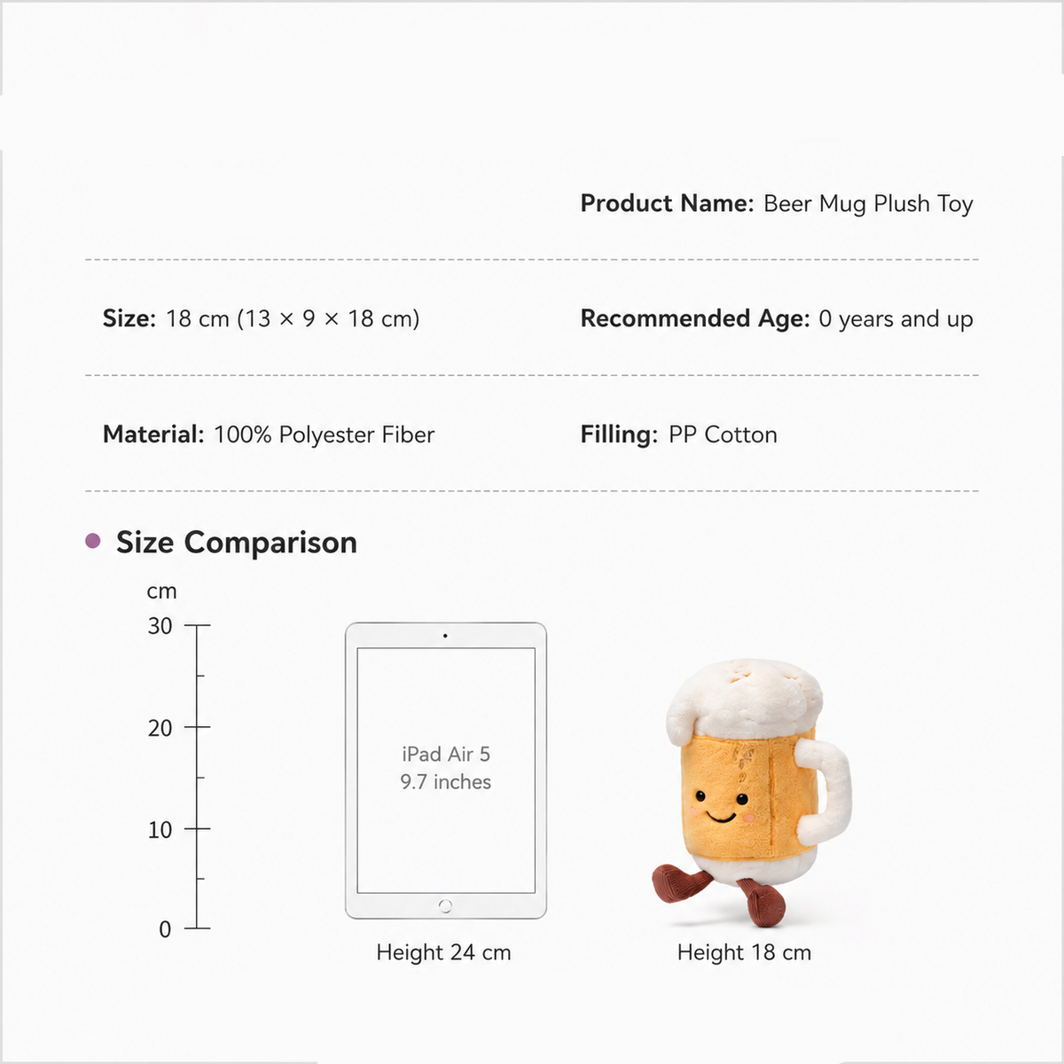 Beer Mug Plush Toy, Soft Stuffed Food Doll with Smiling Face, 18 cm, shown with the full range