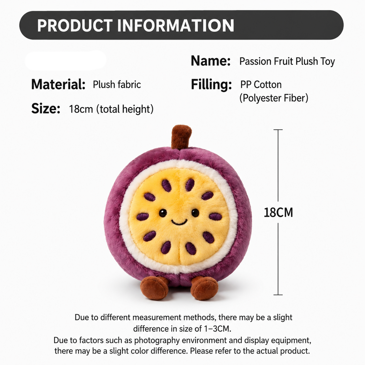 Passion Fruit Plush Toy, Cute Stuffed Fruit Character, close-up of the fabric texture