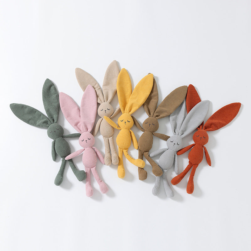 Corduroy Bunny Hand Puppet, Long Ear Baby Toy, styled on a shelf