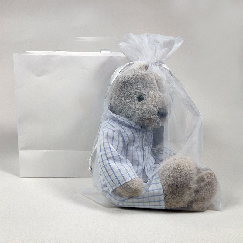 Dressed Teddy Bear, 30cm Curly Plush Bear, styled in a nursery setting