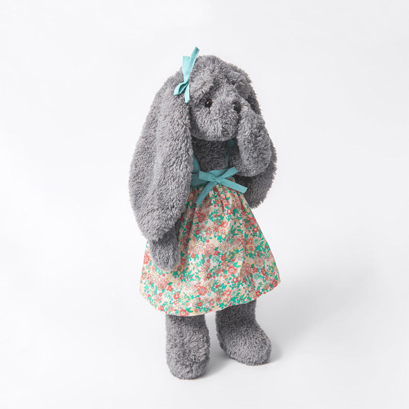 Floral Dress Rabbit Plush, 40cm Grey Soft Toy, side view