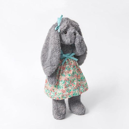 Floral Dress Rabbit Plush, 40cm Grey Soft Toy, side view