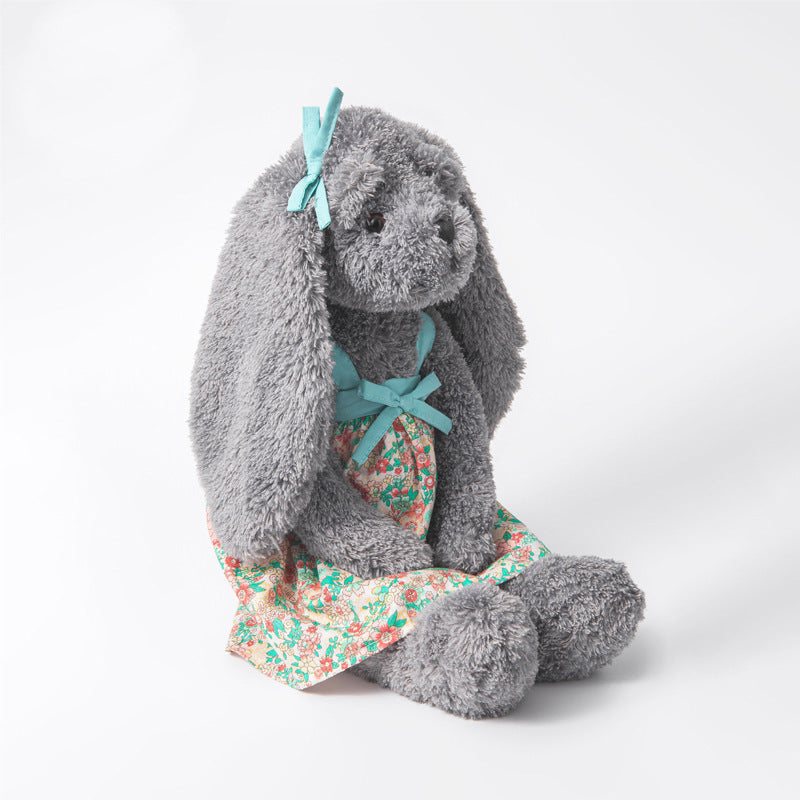 Floral Dress Rabbit Plush, 40cm Grey Soft Toy, close-up detail