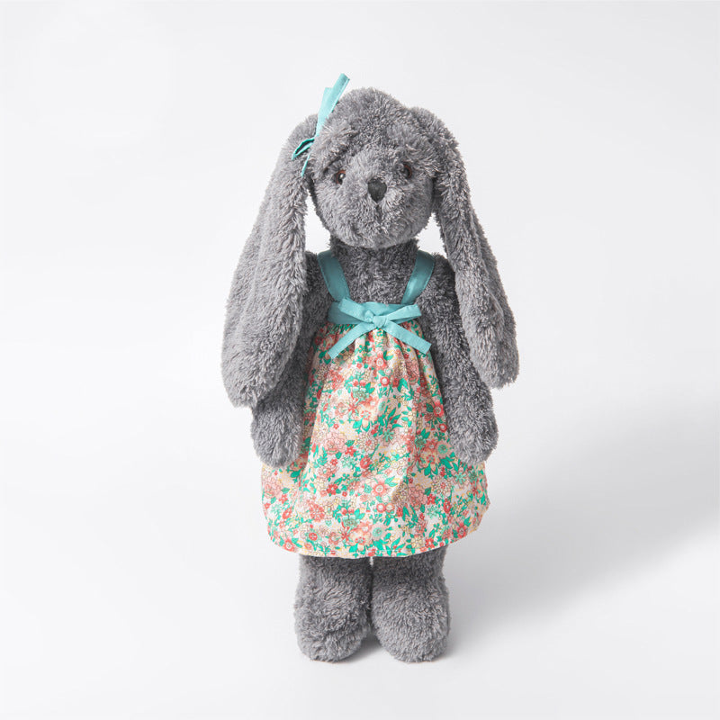 Floral Dress Rabbit Plush, 40cm Grey Soft Toy, held in hand for scale