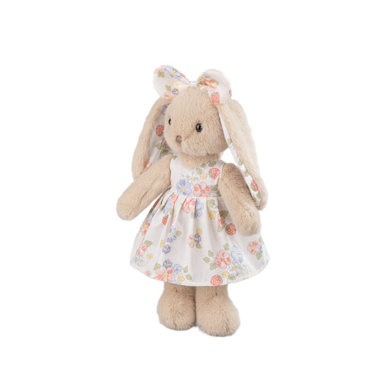 Beige Rabbit Doll, Plush Bunny in a Cotton Strawberry Dress, 35 cm, Ages 3+, side view