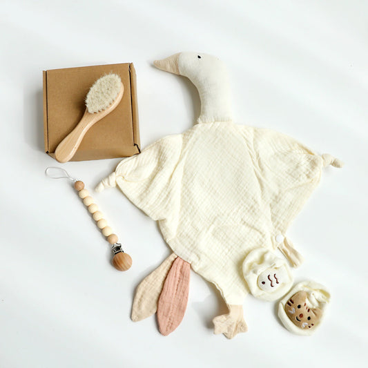 Cream Goose boxed newborn gift set with comforter and bandana bib