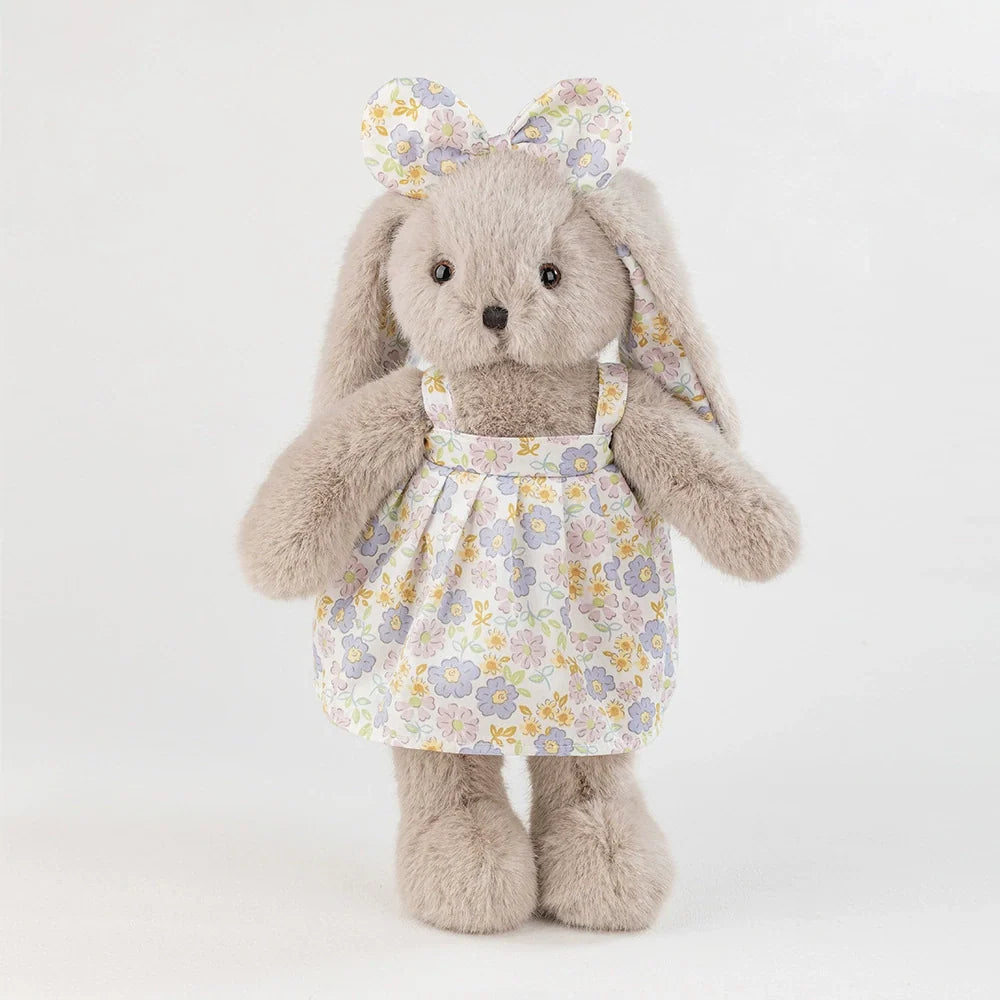 Grey Rabbit Doll, Plush Bunny in a Cotton Floral Dress, 35 cm, Ages 3+, front view