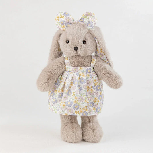 Grey Rabbit Doll, Plush Bunny in a Cotton Floral Dress, 35 cm, Ages 3+, front view