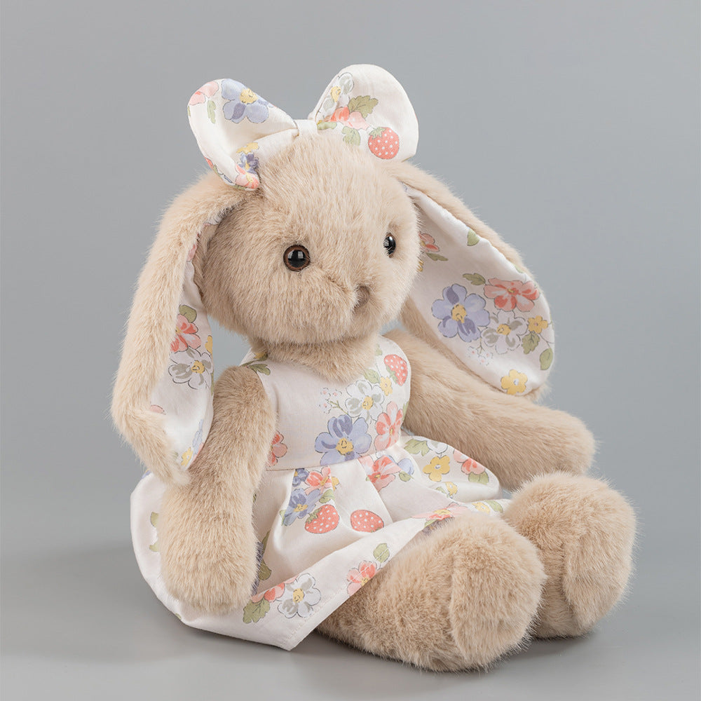 Beige Rabbit Doll, Plush Bunny in a Cotton Strawberry Dress, 35 cm, Ages 3+, close-up detail