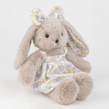 Grey Rabbit Doll, Plush Bunny in a Cotton Floral Dress, 35 cm, Ages 3+, close-up detail