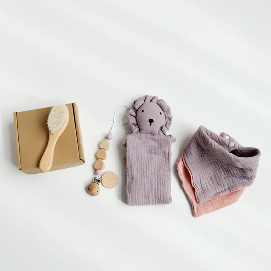 Purple Lion boxed newborn gift set with comforter and bandana bib