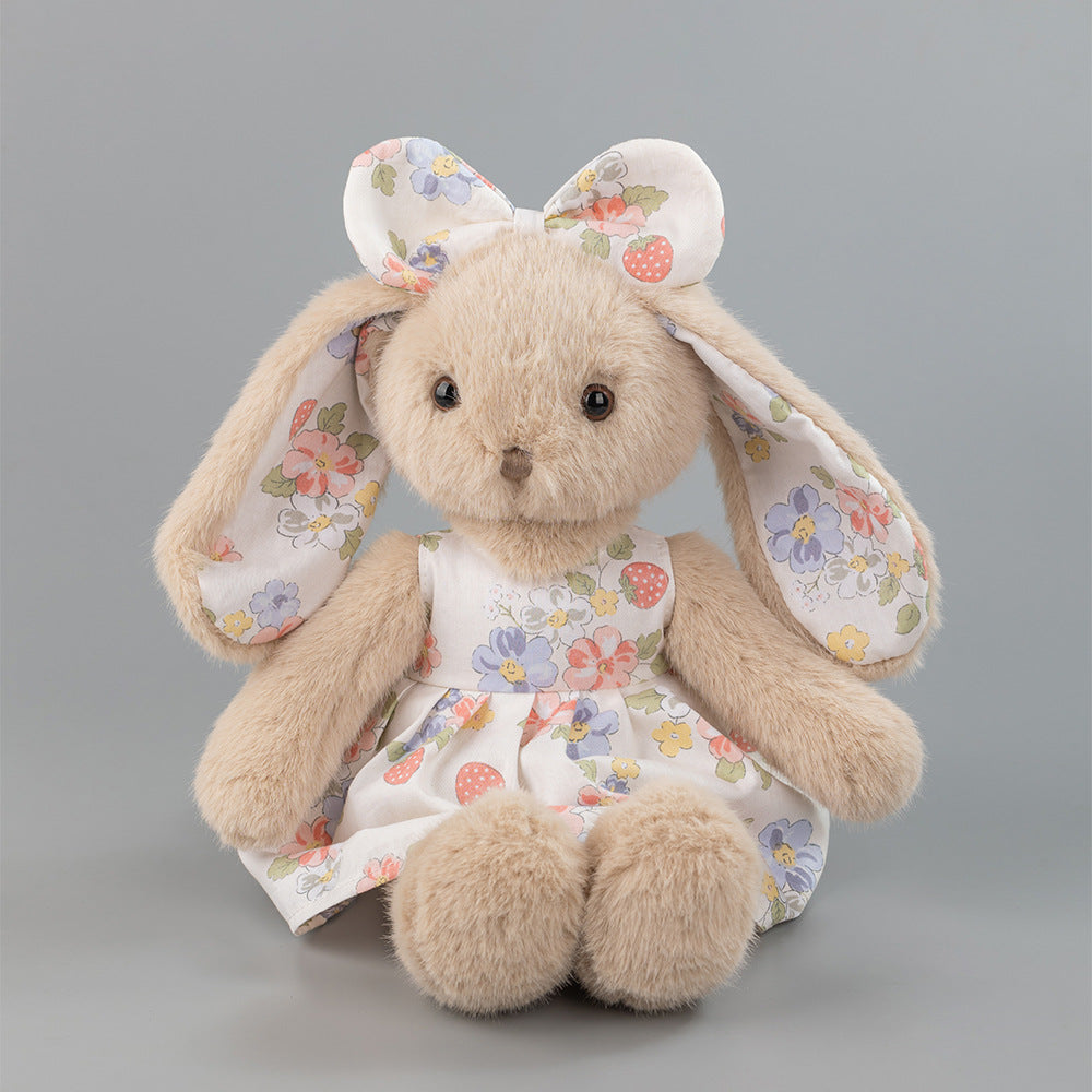 Beige Rabbit Doll, Plush Bunny in a Cotton Strawberry Dress, 35 cm, Ages 3+, shown with the full range