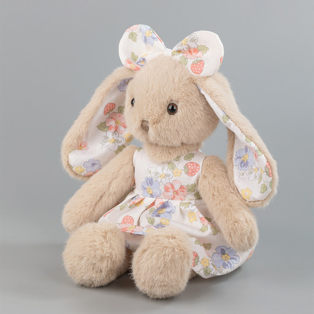 Beige Rabbit Doll, Plush Bunny in a Cotton Strawberry Dress, 35 cm, Ages 3+, styled in a nursery setting