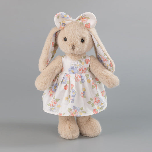 Beige Rabbit Doll, Plush Bunny in a Cotton Strawberry Dress, 35 cm, Ages 3+, front view