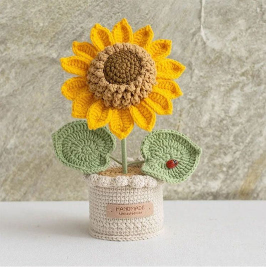 Handmade Crochet Potted Sunflower, Knitted Yarn Flower Decoration, side view
